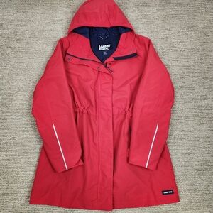 Lands End Fleece Lined Rain Parka Red Waterproof Jacket Waist Cinch, Hood Medium